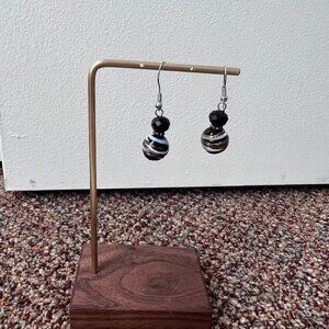 Glass bead brown gold glitter swirl small dangle dainty earrings vintage zebra